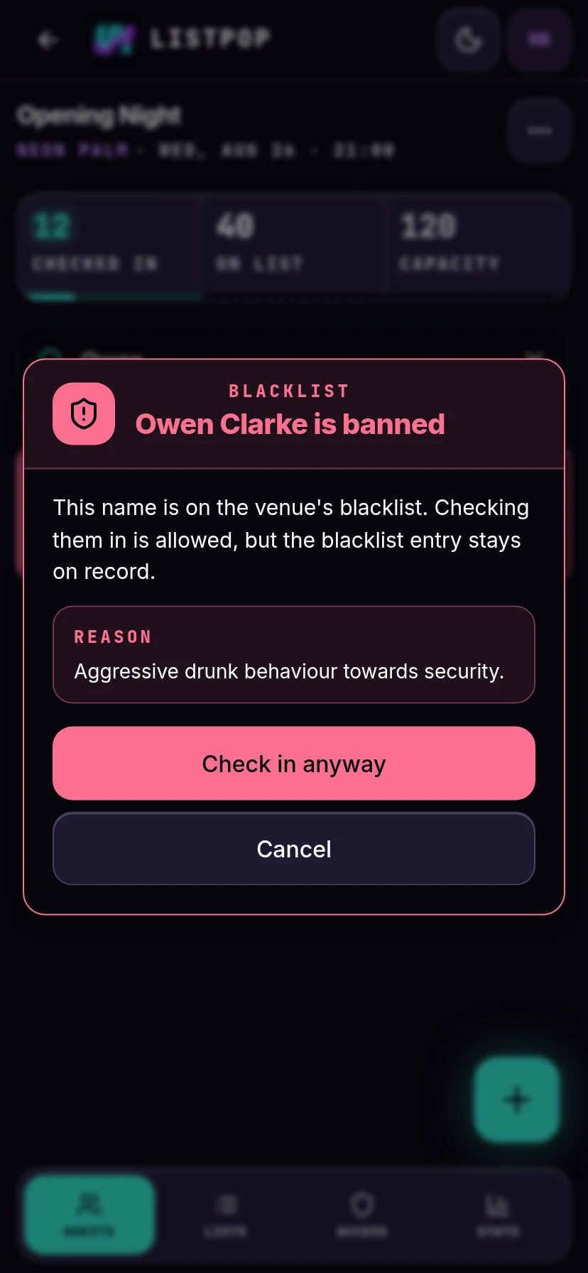 Warning dialog showing the ban reason