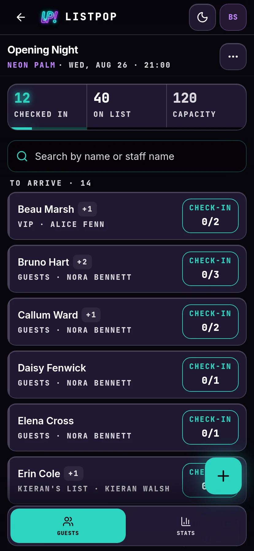 The same event as seen by door staff, with only two tabs