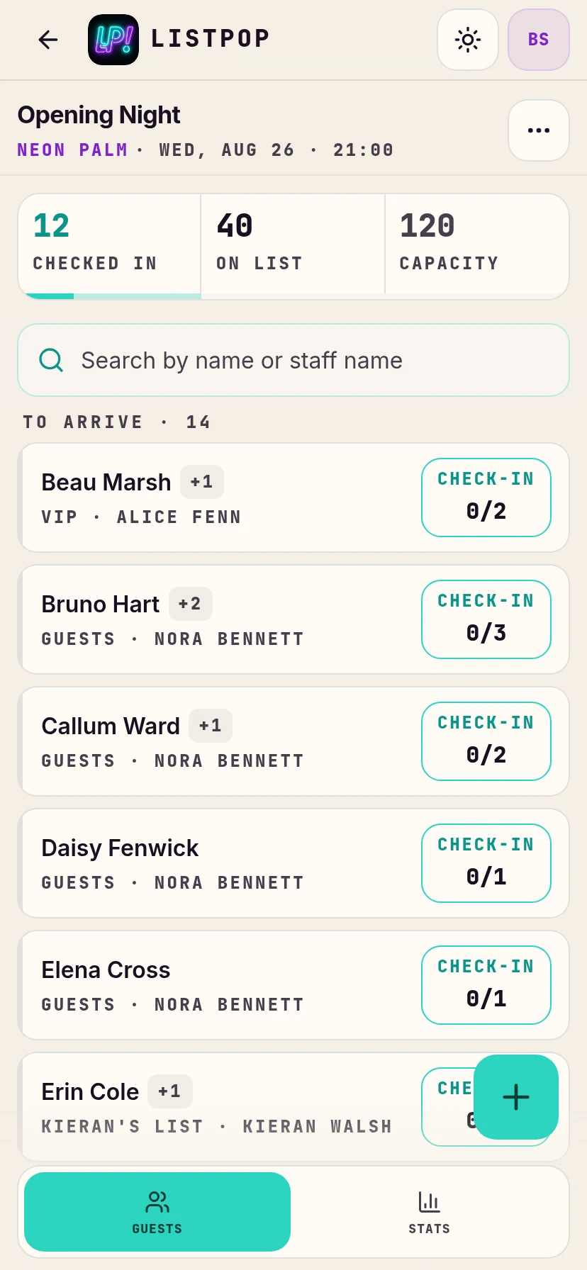 The same event as seen by door staff, with only two tabs