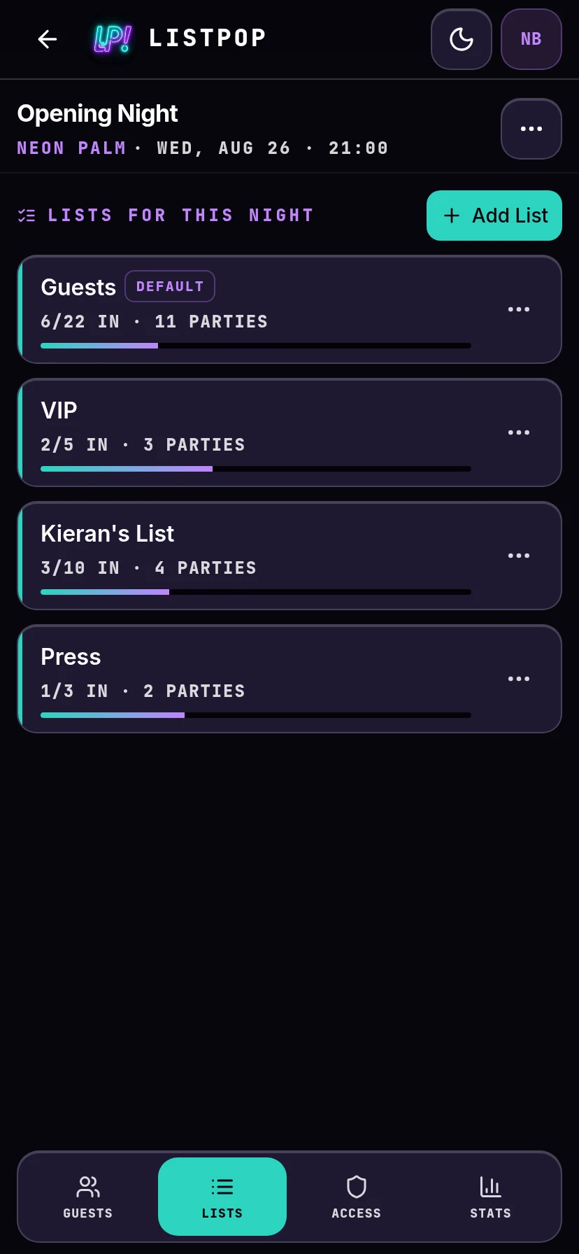 Lists tab of an event