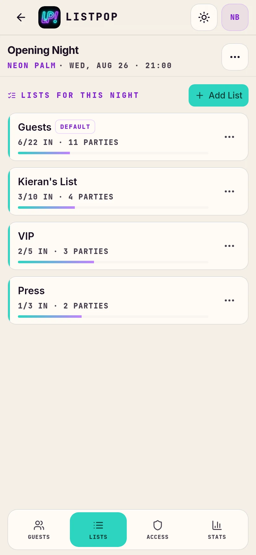 Lists tab of an event