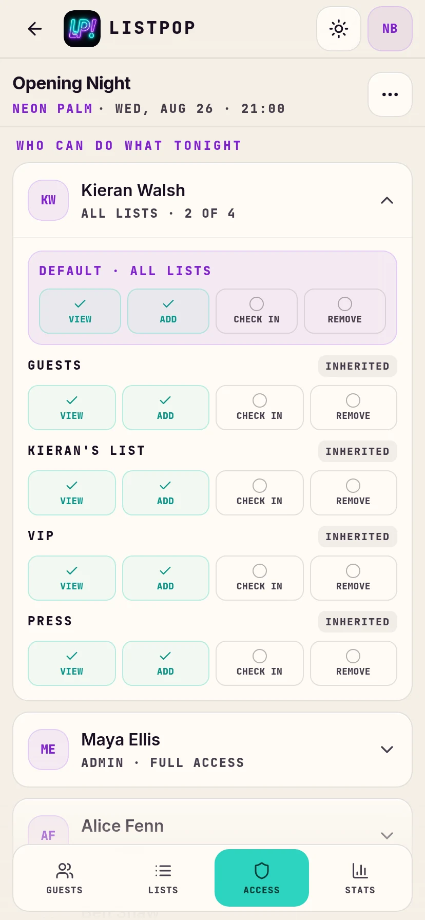 One staff member expanded, showing permission switches for every list