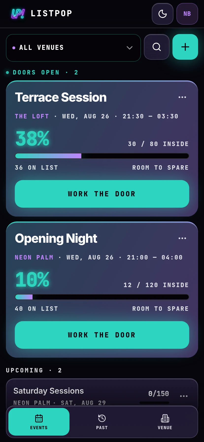 ListPop home screen showing two events with doors open