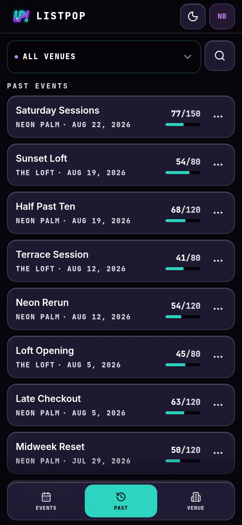 Past events across two venues