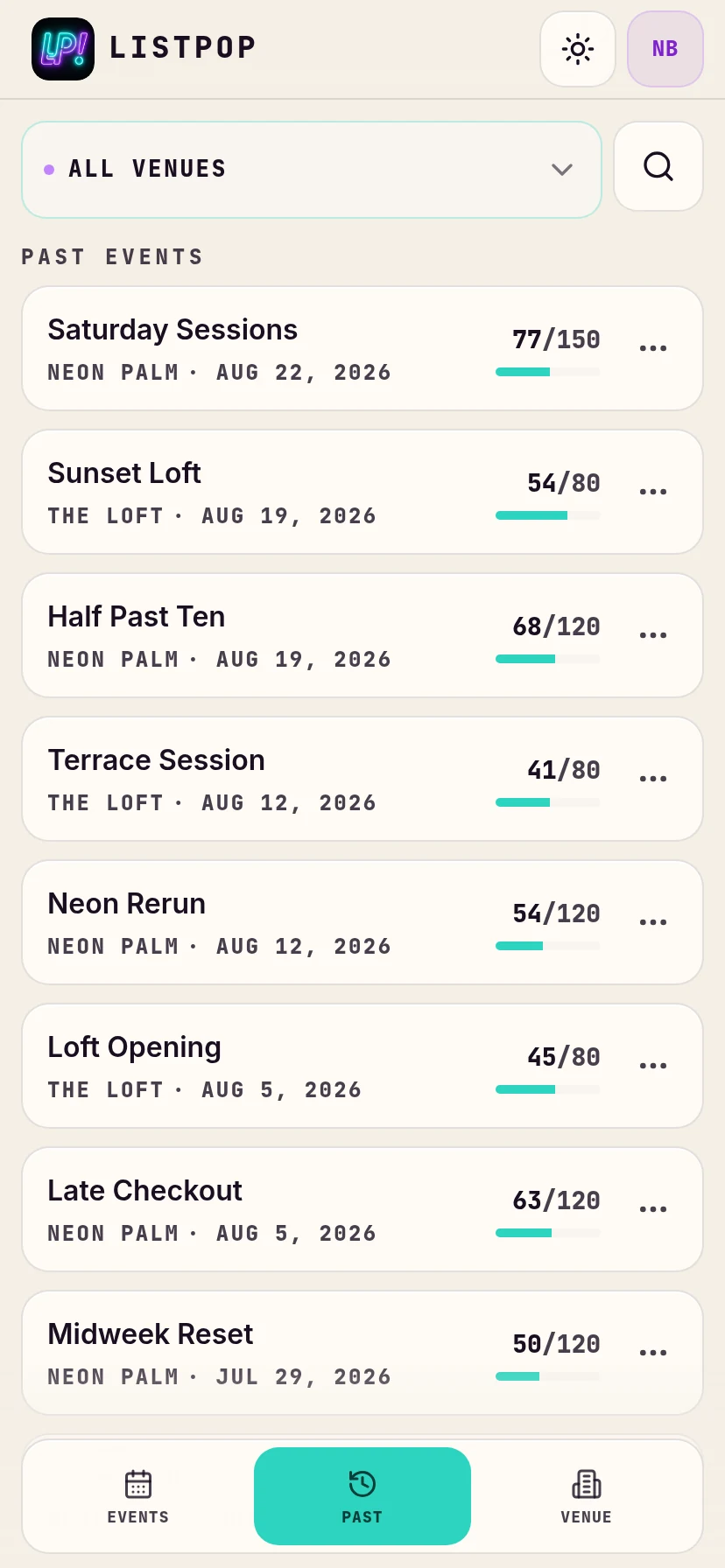 Past events across two venues