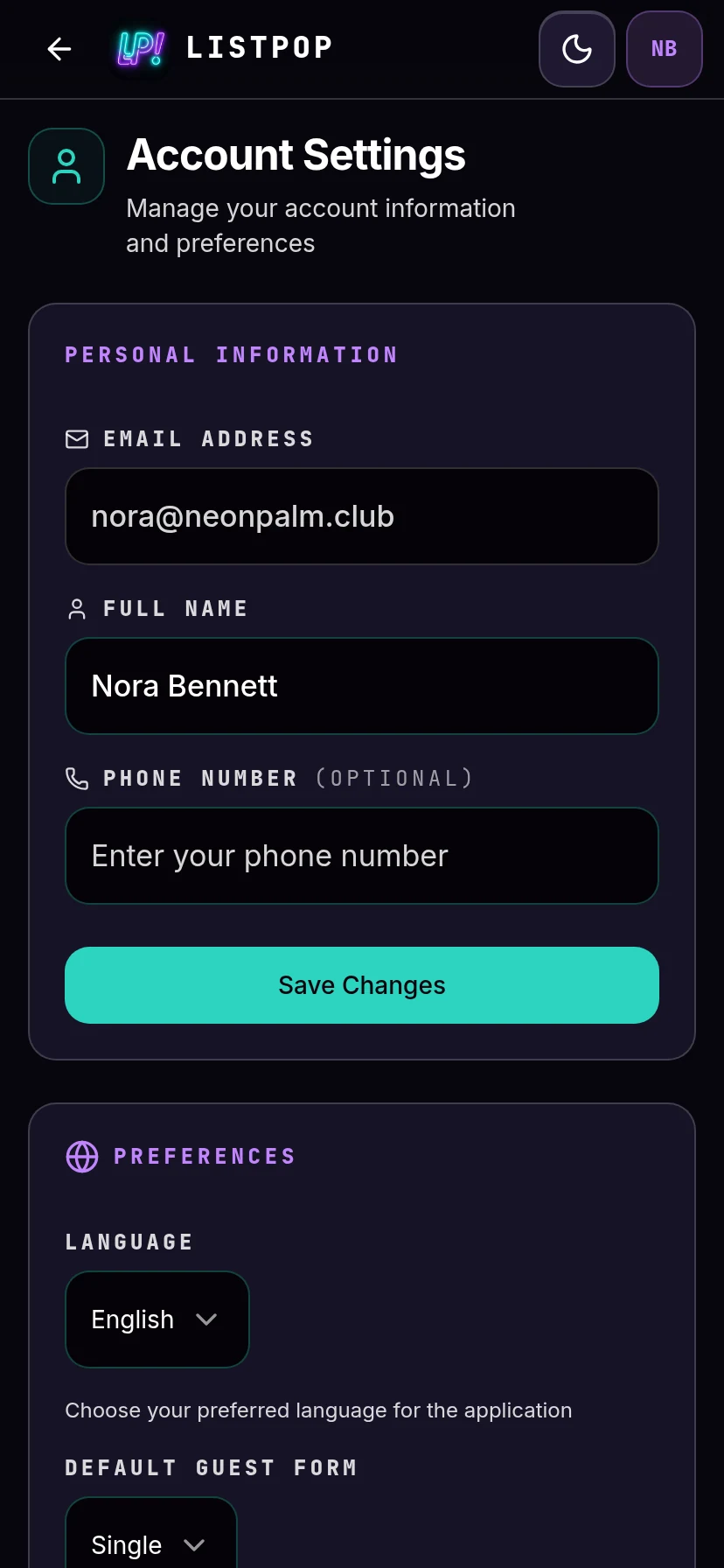 Account settings with a language picker