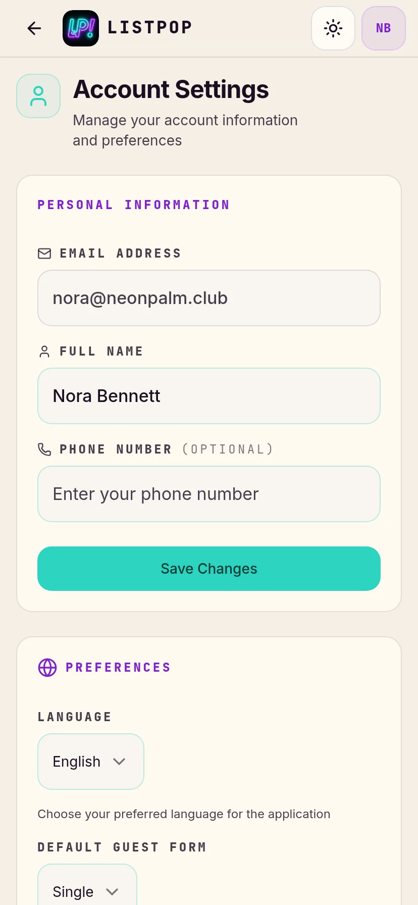Account settings with a language picker